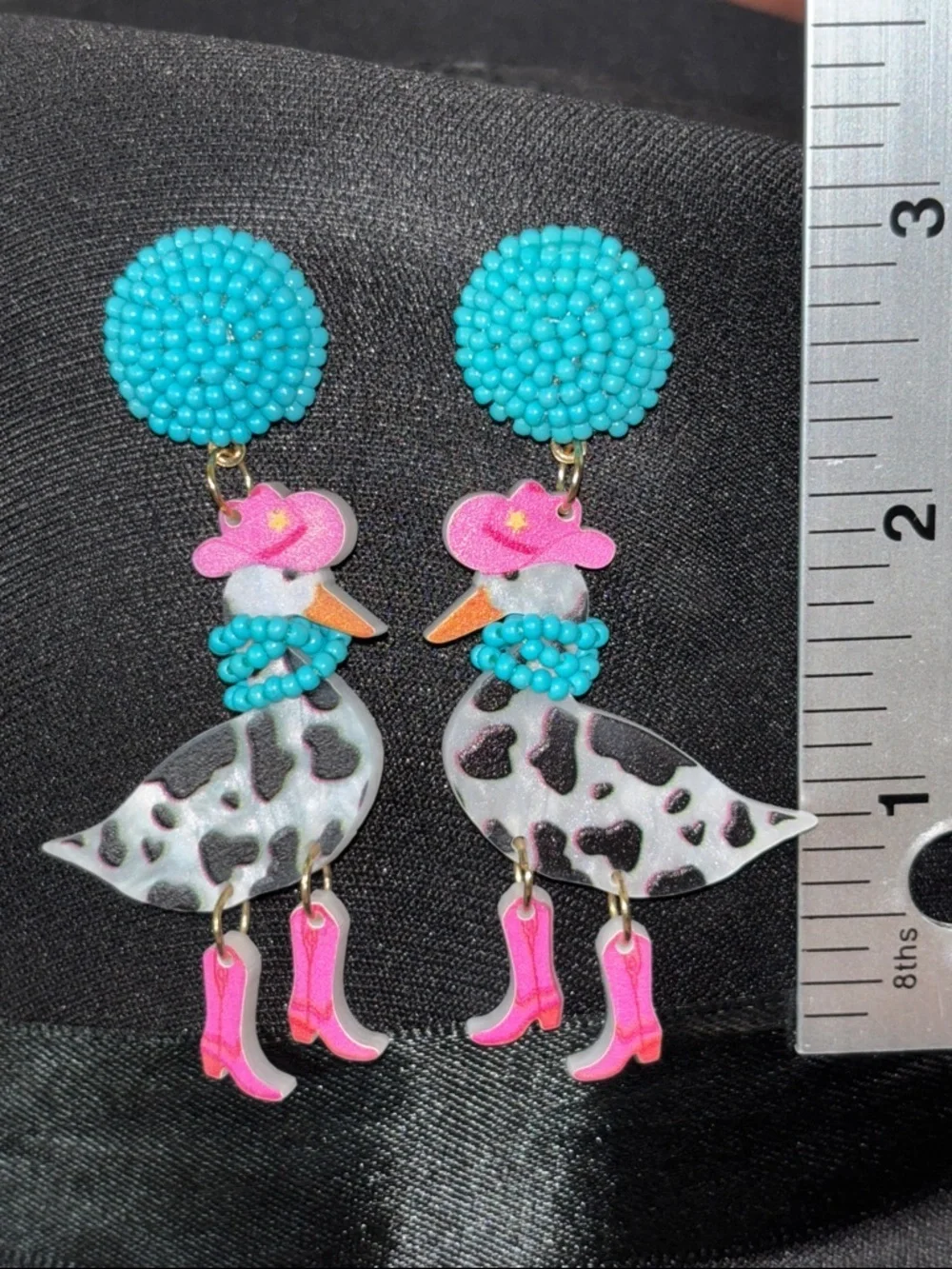 Whimsical Beaded Duck Dangle Earrings - Turquoise & Pink
